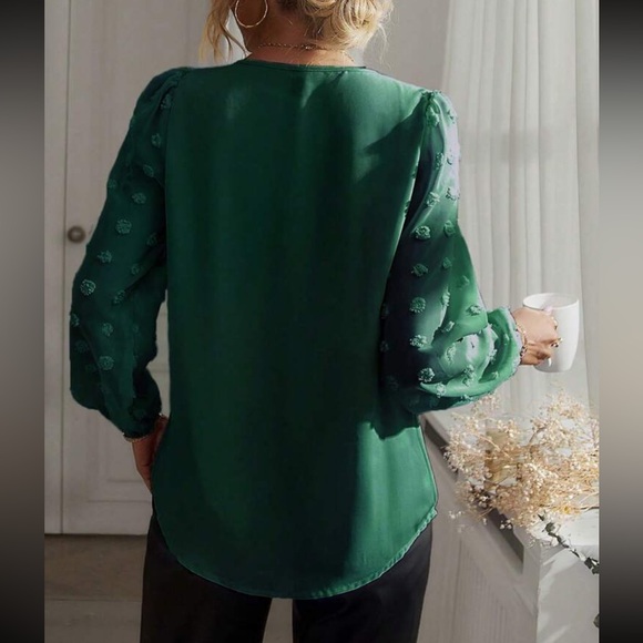 Luxe blue  V neck Swiss dot sleeve blouse - Picture 14 of 15